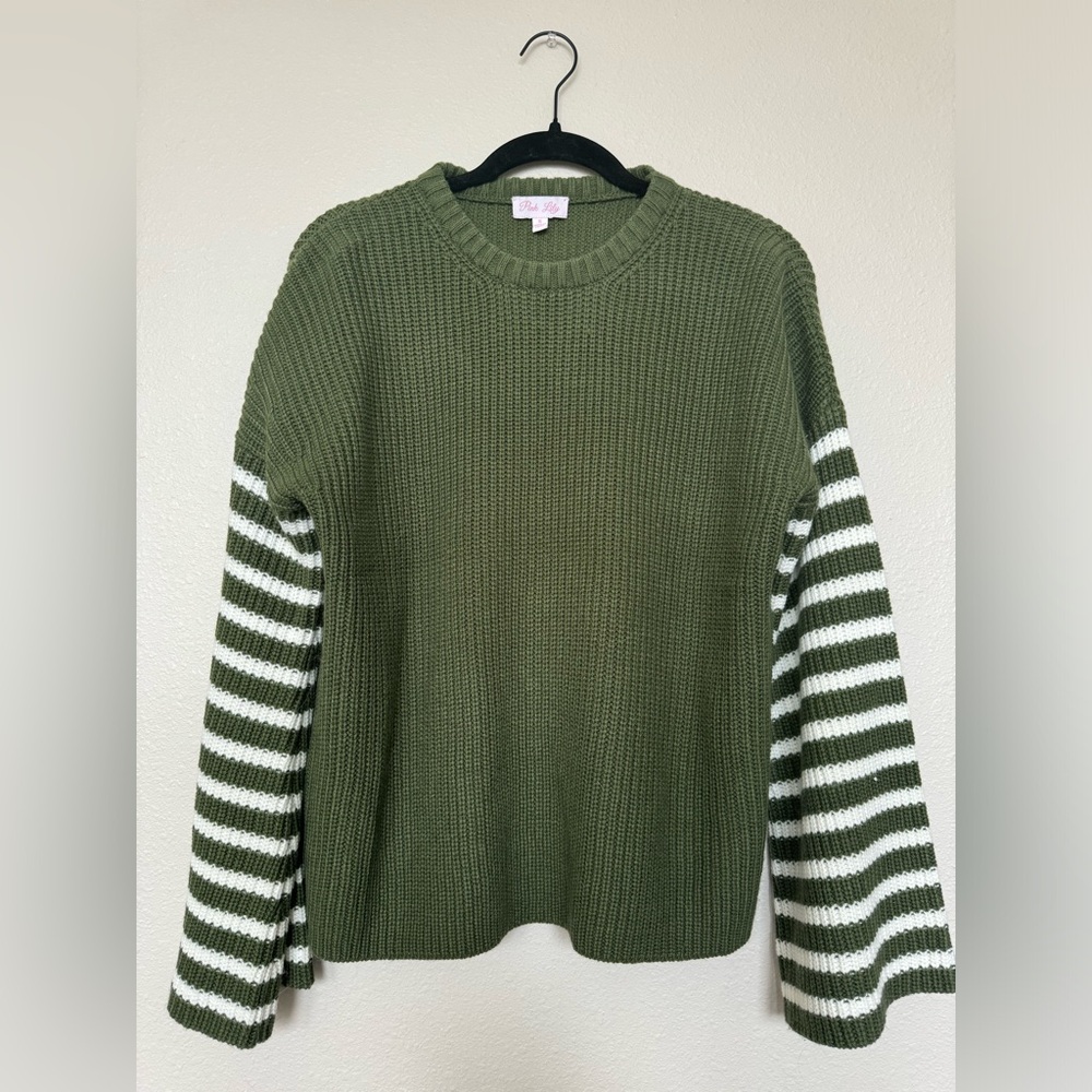 Pink Lily - olive striped flare sleeve sweater size S